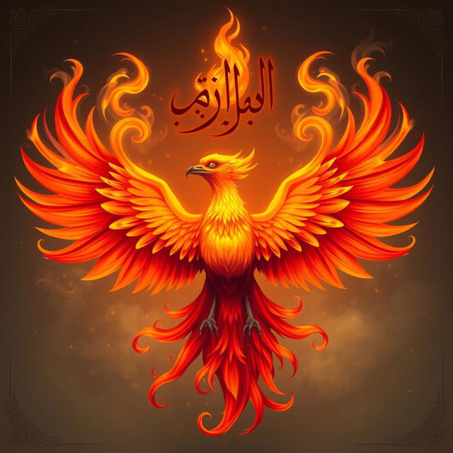 A magnificent phoenix bird with its wings spread wide, showcasing vibrant fiery colors of red, orange, and yellow