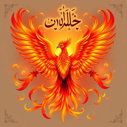 A magnificent phoenix bird with its wings spread wide, showcasing vibrant fiery colors of red, orange, and yellow