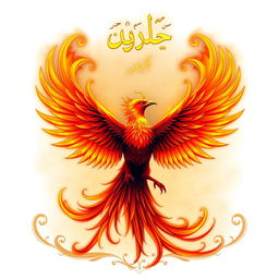 A magnificent phoenix bird with its wings spread wide, showcasing vibrant fiery colors of red, orange, and yellow