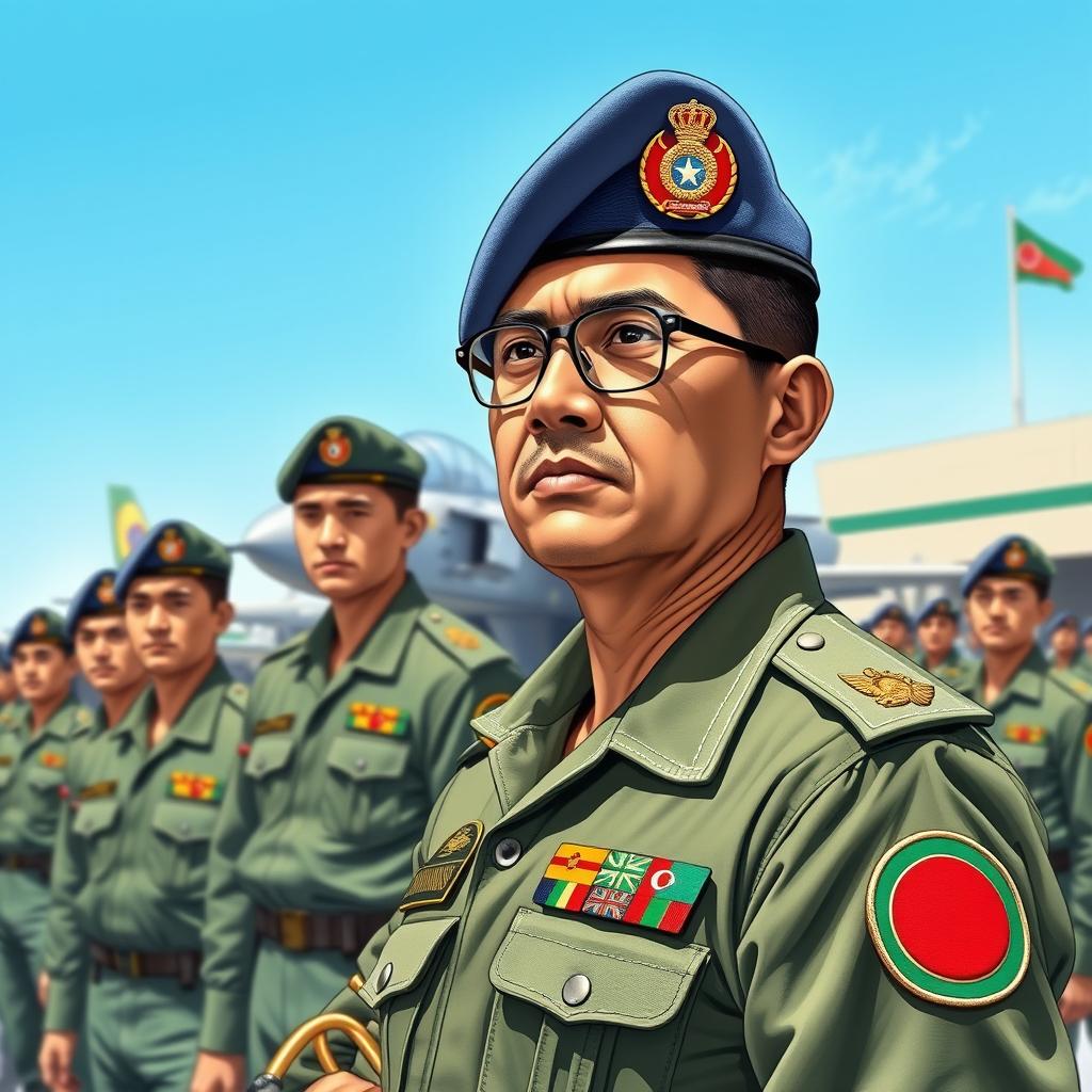 A detailed illustration depicting members of the Bangladesh Air Force, showcasing various insignia and ranks