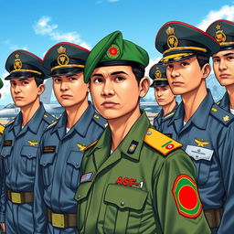 A detailed illustration depicting members of the Bangladesh Air Force, showcasing various insignia and ranks