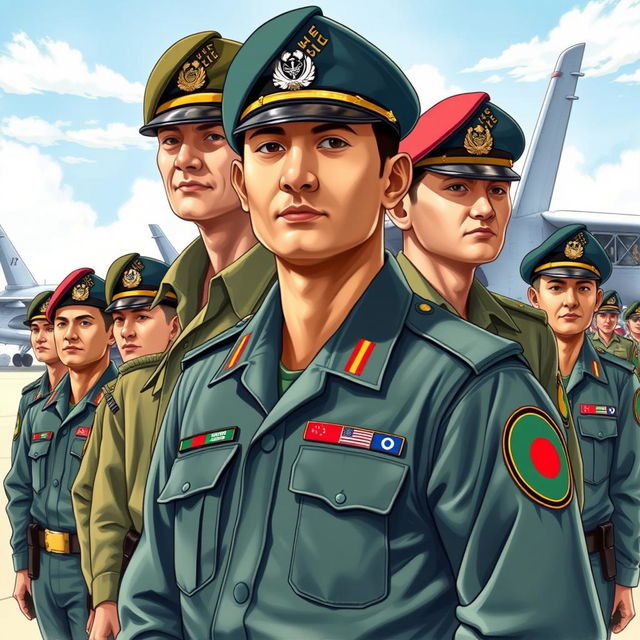 A detailed illustration depicting members of the Bangladesh Air Force, showcasing various insignia and ranks