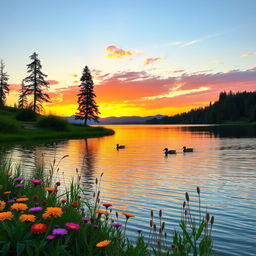 A serene summer lake scene during golden hour, surrounded by lush greenery and tall trees