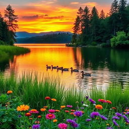 A serene summer lake scene during golden hour, surrounded by lush greenery and tall trees