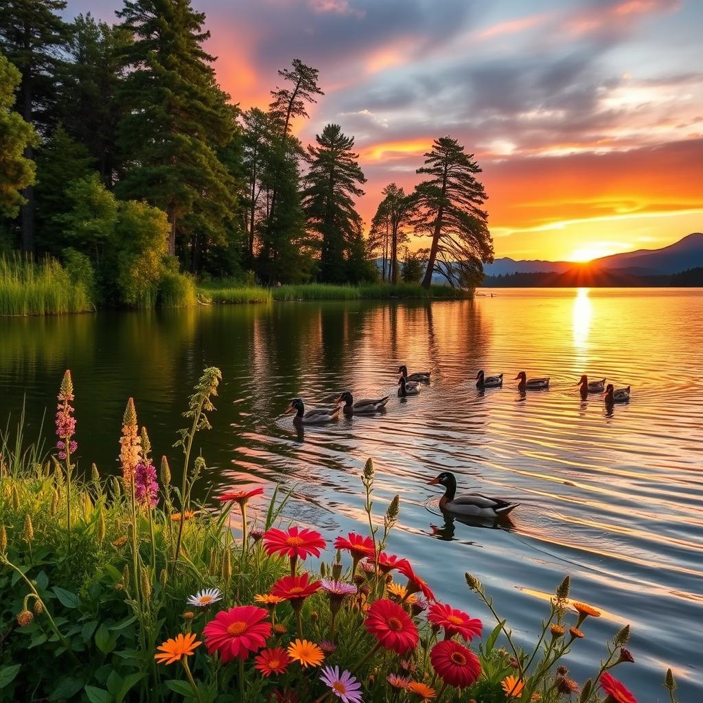 A serene summer lake scene during golden hour, surrounded by lush greenery and tall trees