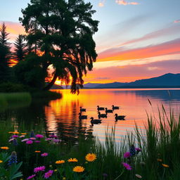 A serene summer lake scene during golden hour, surrounded by lush greenery and tall trees