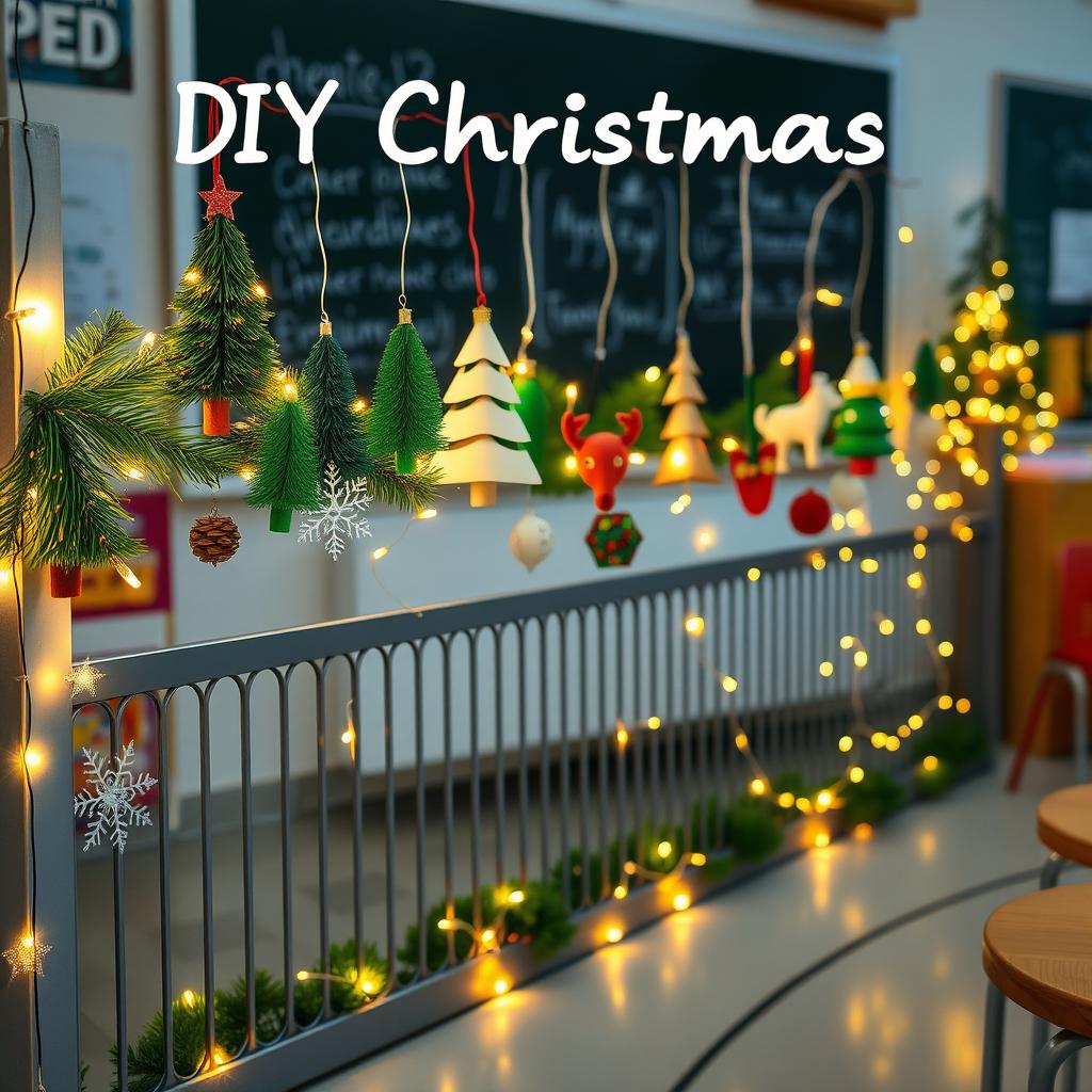 A DIY Christmas decoration scene featuring forest-themed symbols and lights, designed specifically for a DepEd classroom