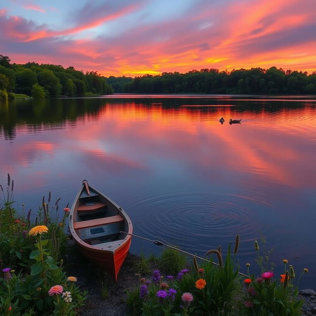 A serene summer lake scene at sunset, with vibrant colors reflecting off the calm water