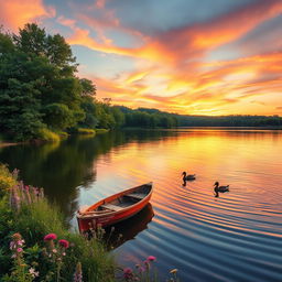 A serene summer lake scene at sunset, with vibrant colors reflecting off the calm water