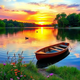 A serene summer lake scene at sunset, with vibrant colors reflecting off the calm water
