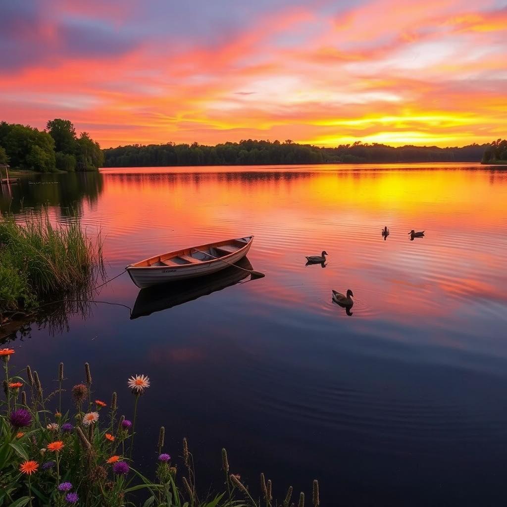 A serene summer lake scene at sunset, with vibrant colors reflecting off the calm water