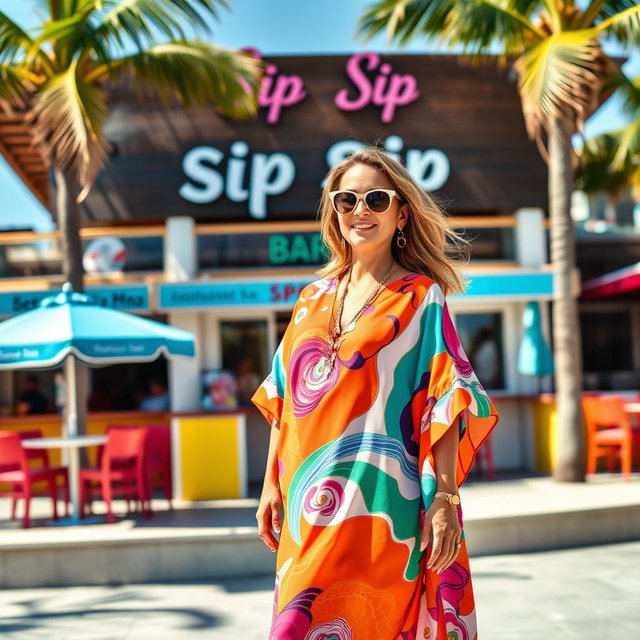 Bettina Ortiz y Meña standing elegantly in front of a stylish beach bar named Sip Sip