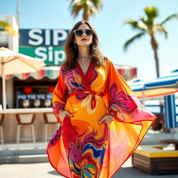 Bettina Ortiz y Meña standing elegantly in front of a stylish beach bar named Sip Sip