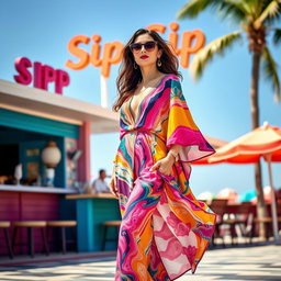 Bettina Ortiz y Meña standing elegantly in front of a stylish beach bar named Sip Sip