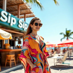 Bettina Ortiz y Meña standing gracefully in front of the trendy beach bar Sip Sip