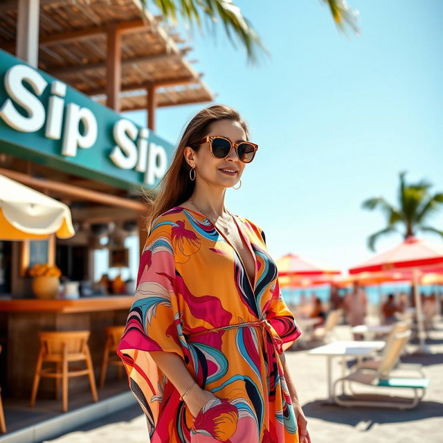 Bettina Ortiz y Meña standing gracefully in front of the trendy beach bar Sip Sip
