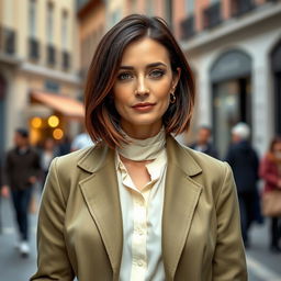 A 40-year-old Italian woman with a short bob haircut, featuring dark chestnut hair with hints of copper