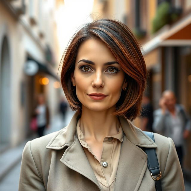 A 40-year-old Italian woman with a short bob haircut, featuring dark chestnut hair with hints of copper