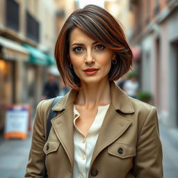 A 40-year-old Italian woman with a short bob haircut, featuring dark chestnut hair with hints of copper