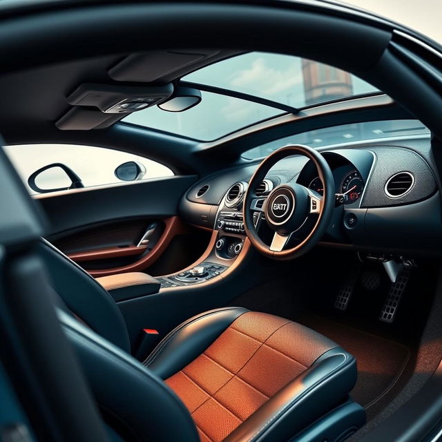 An elegant and luxurious interior of a Bugatti Veyron, showcasing the fine craftsmanship and high-end materials