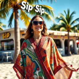 Bettina Ortiz y Meña standing confidently in front of Sip Sip, wearing an elegant and colorful Pucci caftan that flows gracefully in the gentle breeze