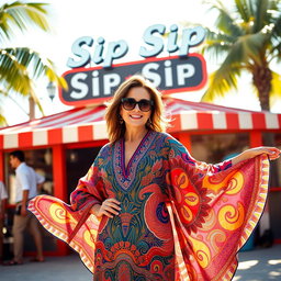 Bettina Ortiz y Meña standing confidently in front of Sip Sip, wearing an elegant and colorful Pucci caftan that flows gracefully in the gentle breeze