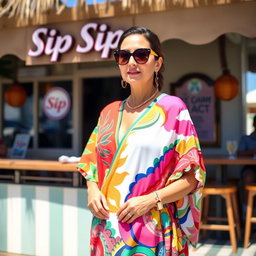 Bettina Ortiz y Meña standing elegantly in front of Sip Sip, wearing a stunning, colorful Pucci caftan that drapes beautifully around her