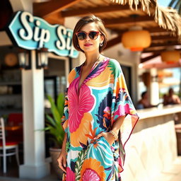 Bettina Ortiz y Meña standing elegantly in front of Sip Sip, wearing a stunning, colorful Pucci caftan that drapes beautifully around her