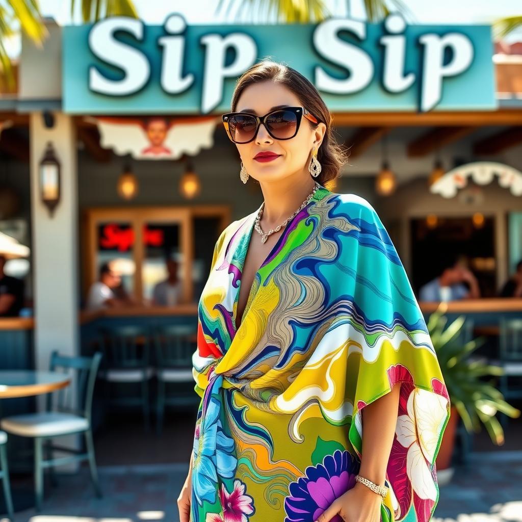 Bettina Ortiz y Meña standing elegantly in front of Sip Sip, wearing a stunning, colorful Pucci caftan that drapes beautifully around her