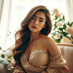 A beautiful and confident young woman posing gracefully in an elegant setting, her hair flowing softly around her shoulders