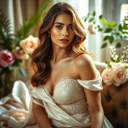 A beautiful and confident young woman posing gracefully in an elegant setting, her hair flowing softly around her shoulders