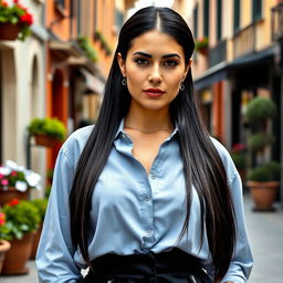 A 40-year-old Italian woman of medium height with long straight black hair styled in a low ponytail