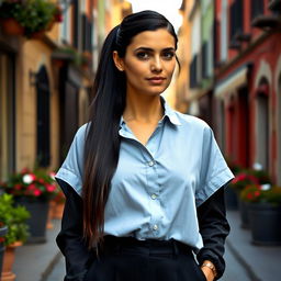 A 40-year-old Italian woman of medium height with long straight black hair styled in a low ponytail