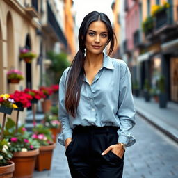 A 40-year-old Italian woman of medium height with long straight black hair styled in a low ponytail