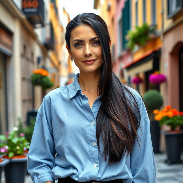 A 40-year-old Italian woman of medium height with long straight black hair styled in a low ponytail