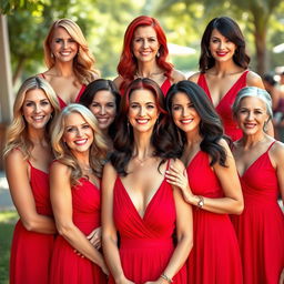 A vibrant scene featuring ten stunning 45-year-old women, each with different hair colors including blonde, brunette, red, black, auburn, grey, and a mix of colors