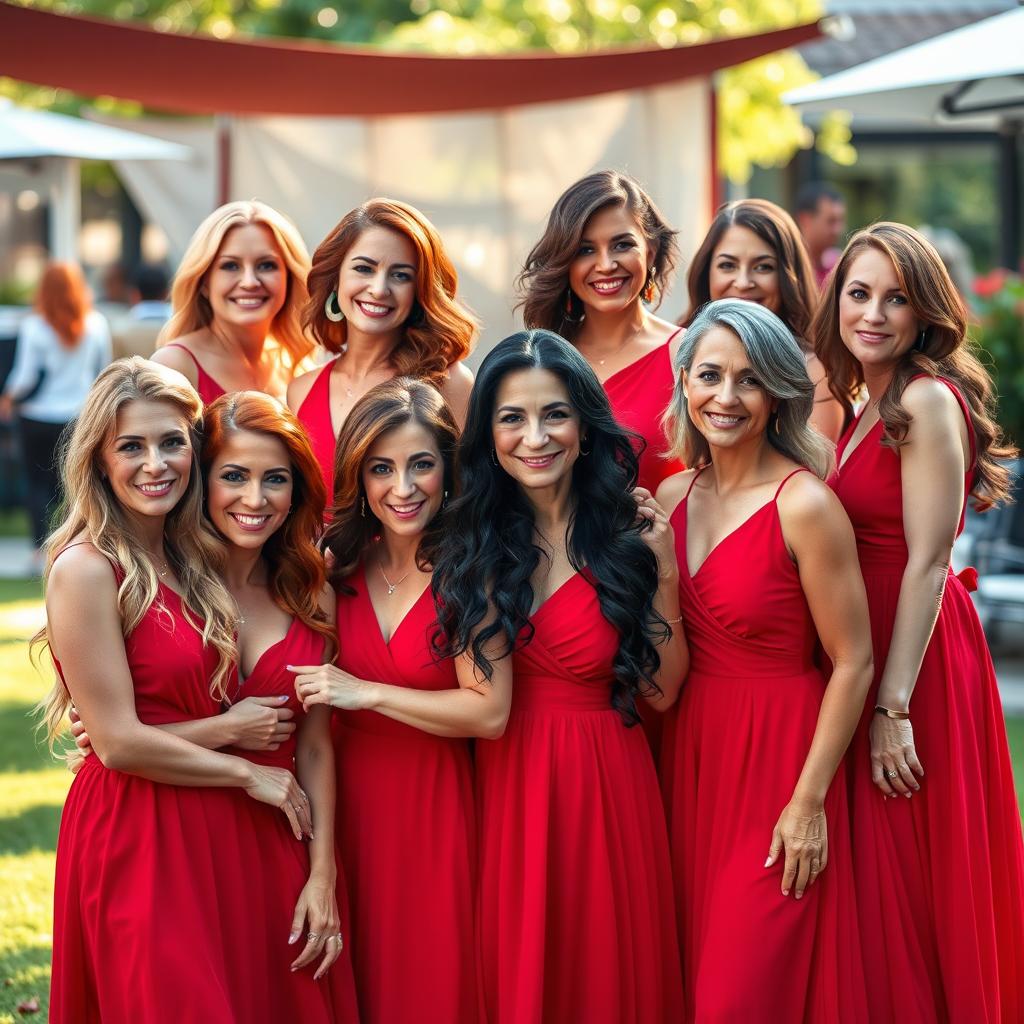 A vibrant scene featuring ten stunning 45-year-old women, each with different hair colors including blonde, brunette, red, black, auburn, grey, and a mix of colors