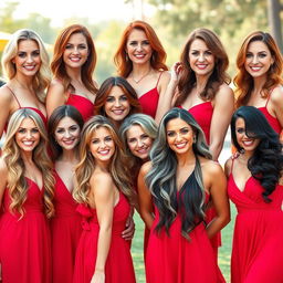 A vibrant scene featuring ten stunning 45-year-old women, each with different hair colors including blonde, brunette, red, black, auburn, grey, and a mix of colors