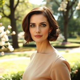 A 40-year-old Italian woman with chocolate-colored hair styled in a short wavy bob