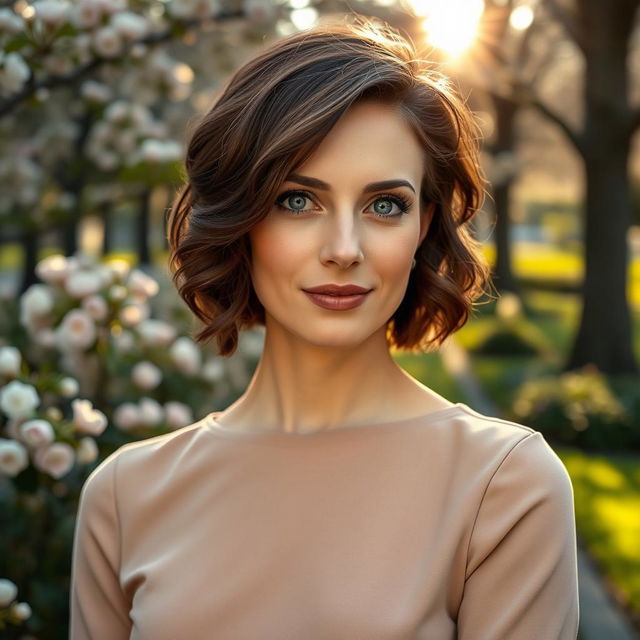 A 40-year-old Italian woman with chocolate-colored hair styled in a short wavy bob