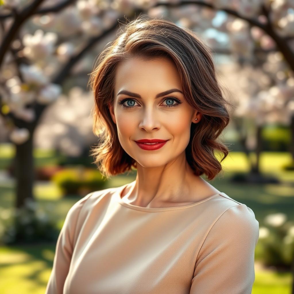 A 40-year-old Italian woman with chocolate-colored hair styled in a short wavy bob