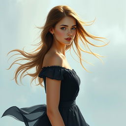 A beautiful, artistic portrait of a young woman with flowing hair, standing gracefully against a serene background