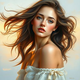 A beautiful, artistic portrait of a young woman with flowing hair, standing gracefully against a serene background