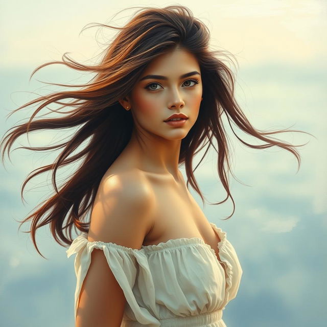 A beautiful, artistic portrait of a young woman with flowing hair, standing gracefully against a serene background