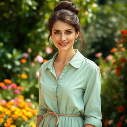 A 40-year-old Italian woman with dark chestnut hair styled in a bun