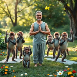 A whimsical scene depicting several monkeys practicing yoga poses in a standing position alongside a man