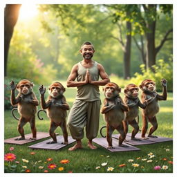 A whimsical scene depicting several monkeys practicing yoga poses in a standing position alongside a man