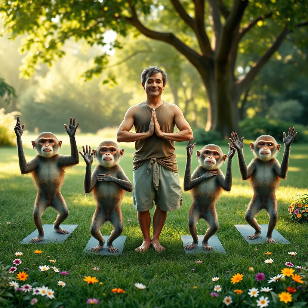 A whimsical scene depicting several monkeys practicing yoga poses in a standing position alongside a man