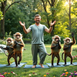 A whimsical scene depicting several monkeys practicing yoga poses in a standing position alongside a man