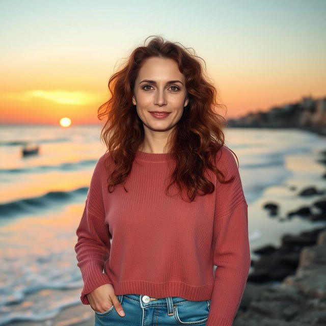 A 40-year-old Italian woman with long reddish hair styled in large curls